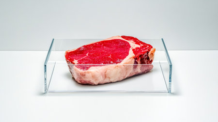 Raw steak displayed in refrigerated glass case, preserving freshnessの素材