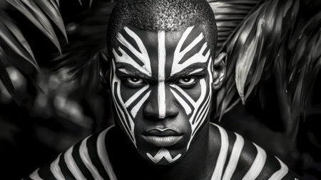 Portrait of indigenous model showing tribal body paint in black and whiteの素材