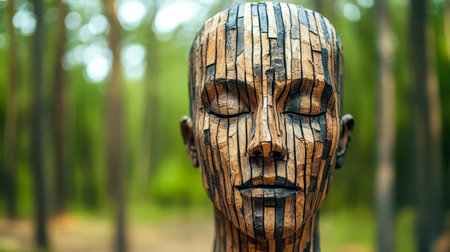 Wooden statue expressing serenity in a forest settingの素材