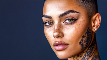Model showing face tattoos and freckled skin posing for beauty campaignの素材