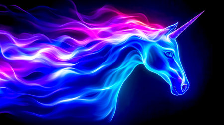 Majestic unicorn emerging from vibrant blue and purple flamesの素材