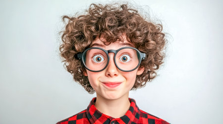 Child wearing big glasses making funny face on white backgroundの素材