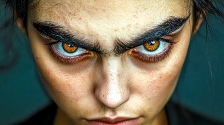 Close up portrait of young person with intense expression and thick eyebrows showing confidence and strengthの素材