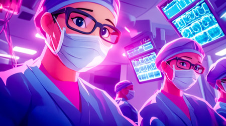 Surgeons and nurses performing a complex surgery in operating roomの素材