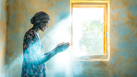 Woman washing hands with clean water near window in africaの素材