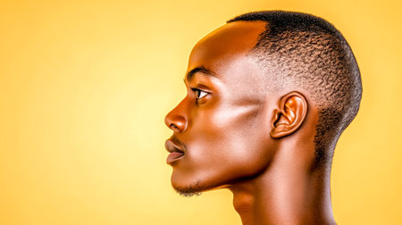 Young african american model posing in profile on yellow backgroundの素材