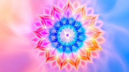 Glowing intricately designed mandala floating in colorful pastel backgroundの素材