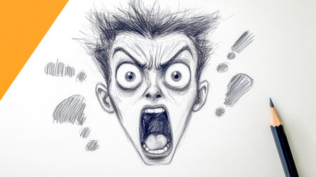 Pencil sketch of a screaming cartoon character expressing anger and frustrationの素材