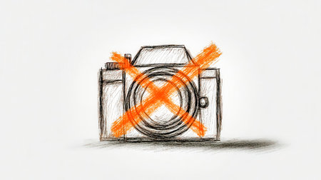 No photography sign, pencil drawing of crossed out camera representing prohibitionの素材