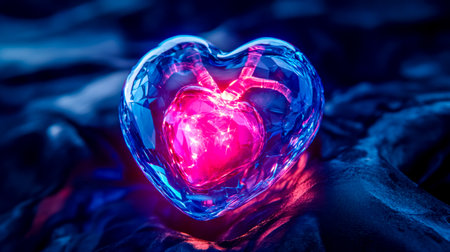 Futuristic artificial heart implant glowing with pulsing red lightの素材