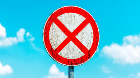 No parking sign standing against blue sky with cloudsの素材