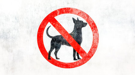 No dogs allowed sign featuring crossed out dog silhouette on white backgroundの素材
