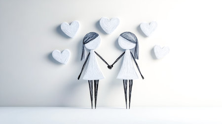 Two girls holding hands with white hearts on white backgroundの素材