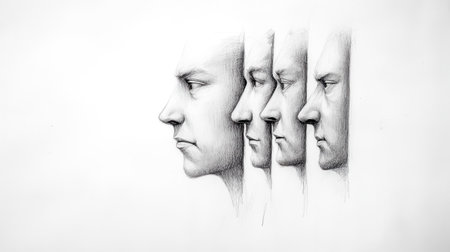 Pencil sketch showing multiple faces representing identity and conformityの素材