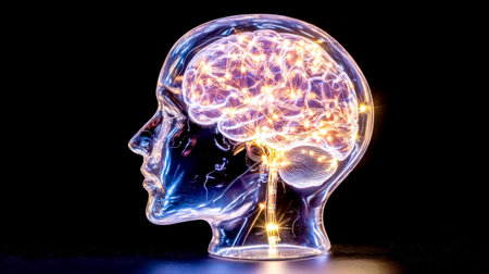 Glowing brain in transparent human head demonstrating neural network activityの素材