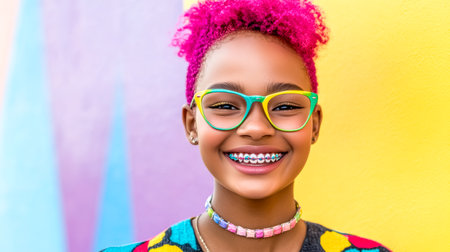 Fashionable teenager smiling with colorful braces and pink hairの素材