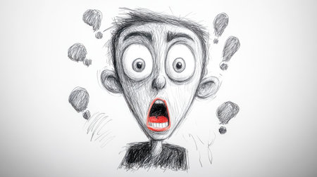 Shocked cartoon character expressing surprise with open mouth and exclamation marksの素材