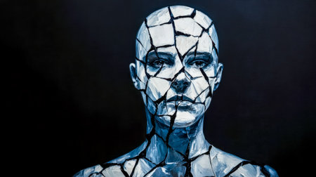 Person painted to resemble shattered glass expressing sadness and despairの素材