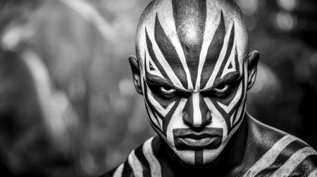 Man showing tribal body paint posing in black and whiteの素材