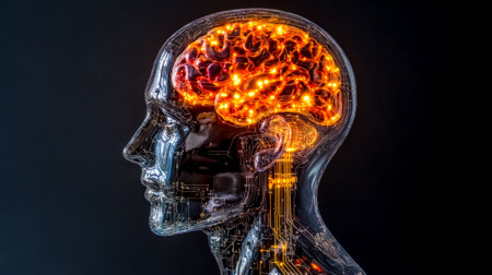 Glowing neural implant chip embedded in transparent human head, artificial intelligenceの素材