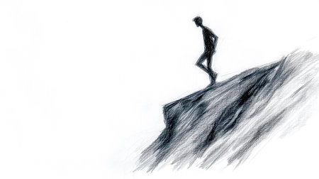 Man walking on a steep hill in a pencil sketch illustrationの素材