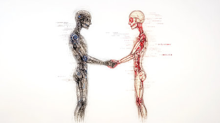 Robot and human shaking hands in a futuristic agreementの素材