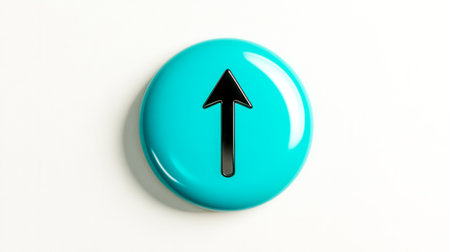 Glossy light blue circular button features a dark gray arrow pointing upwards, set against a transparent background, ideal for web design, user interfaces, and digital applicationsの素材