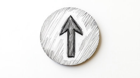 Hand drawn upward arrow icon inside a circular button, isolated on a transparent background, ideal for user interface design or other graphic projectsの素材