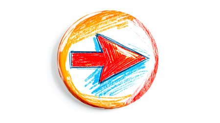 Hand drawn red arrow pointing to the right is depicted inside a circular frame with colorful crayon scribbles, creating a vibrant and playful design element against a transparent backgroundの素材