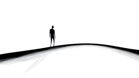 Minimalist line art depicts a lone wanderer standing on a simple, curved hill against a stark white background, evoking themes of solitude, journey, and contemplationの素材