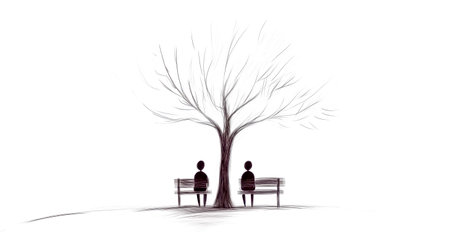Minimalist line art depicts two figures sitting on benches under a bare tree. Symbolizing solitude. Contemplation. Or perhaps a quiet moment shared between two individuals in a serene natural settingの素材