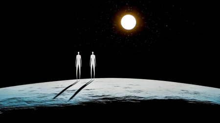 Two astronauts are standing on a planet surface, illuminated by the sun in the background, creating long shadows, suggesting a new world exploration or colonizationの素材