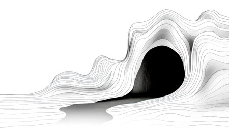 Minimalist line art illustration depicting a hidden cave opening within a wavy landscape, creating a stark contrast between the dark interior and the flowing lines of the surrounding terrainの素材