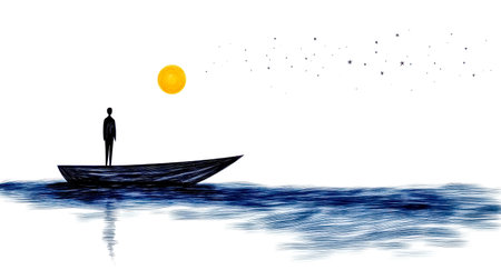 Minimalist line art illustration of businessman standing on boat sailing on blue water with moon and stars reflecting, evoking concepts of business journey, success, challenge, and solitudeの素材