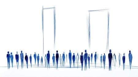 Minimalist line art illustration featuring individuals walking towards two large symbolic doors, embodying opportunity, choice, and the journey towards the futureの素材