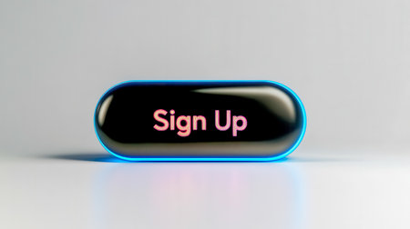 Sleek, minimal, pill shaped sign up button in matte black glows with a neon pink inscription and a bright blue outline on a white background, creating a modern and futuristic call to actionの素材