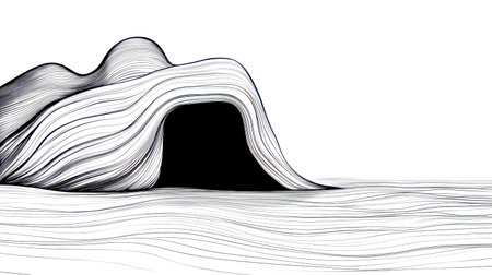 Minimalist line art illustration depicting a hidden cave opening within a wavy landscape, creating a sense of mystery and intrigue with its simple yet evocative designの素材