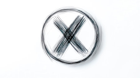 Hand drawn cross sign enclosed within a circle, created using pencil strokes, conveying a message of rejection, disapproval, or negation on a clean white backgroundの素材