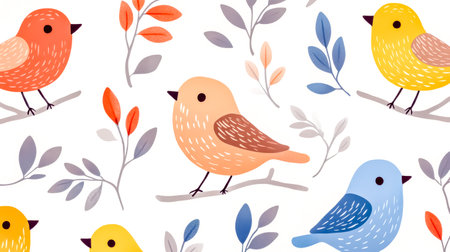 Seamless pattern featuring colorful whimsical birds perched on branches, with leaves and foliage creating a cheerful and playful design for fabric, wallpaper, or other decorative applicationsの素材
