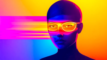 Cyberpunk inspired portrait featuring a woman sporting neon glasses, surrounded by vibrant, colorful lights and dynamic gradients swirling in the background, creating a futuristic atmosphereの素材