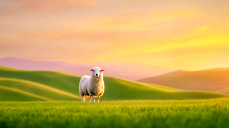 One sheep stands proudly in a vibrant green field, bathed in the warm glow of the setting sun, with the rolling hills of the palouse region creating a picturesque backdropの素材