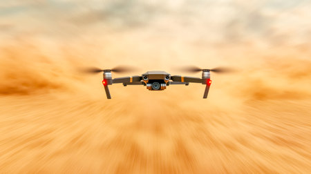 Modern quadcopter drone soaring low over desert terrain during a fierce sandstorm, capturing a dynamic scene filled with motion blur, emphasizing the power and speed of aerial technologyの素材