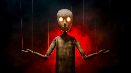 Wooden puppet with glowing eyes hanging suspended by strings against a backdrop of swirling red smoke, evoking a dramatic and eerie atmosphere filled with suspense and mysteryの素材