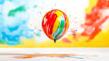 Paint filled balloon exploding and splashing vibrant colors onto a white surface against a blurred, multicolored background, creating an artistic messの素材
