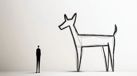 Minimalist line art illustration of a large dog with a businessman standing nearby, symbolizing concepts such as challenge, leadership, vision, and business growthの素材