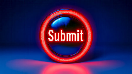 Glowing red neon light surrounds a dark round submit button casting a red reflection on a gradient blue background, creating a futuristic and interactive user interface elementの素材