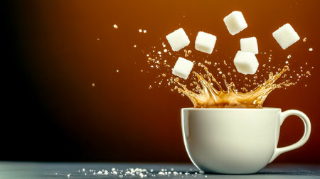 White sugar cubes falling into a white cup of coffee, creating a splash of coffee against a vibrant orange background, with scattered sugar granules on the dark surface belowの素材