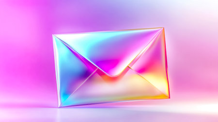 Sleek, glowing envelope with layered translucent textures is set against a vibrant gradient background, creating a visually striking representation of modern communication and digital messagingの素材