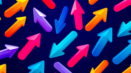Colorful arrows pointing up and down on a dark blue background create a dynamic and vibrant pattern, symbolizing various directions and movementの素材