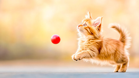 Adorable ginger kitten leaping playfully to catch a small red ball against a blurred autumnal background, showcasing the joy and energy of a young catの素材